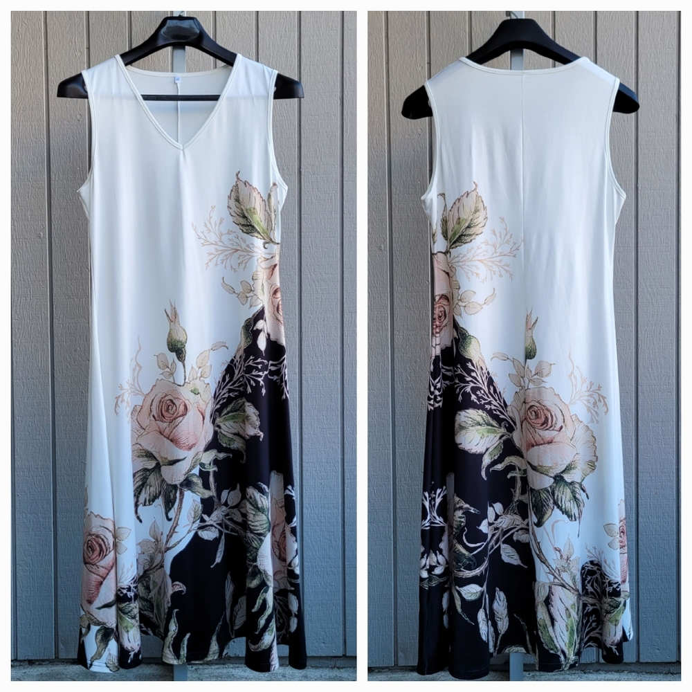 Sleeveless White Maxi Dress with Blush Rose Print